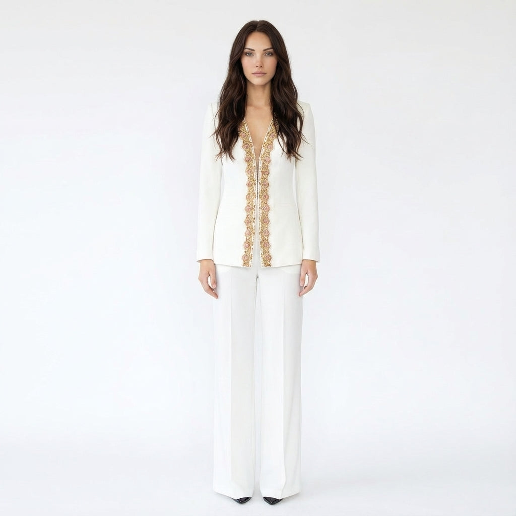 Embroidered Deep-V Blazer and Trouser Suit Set
