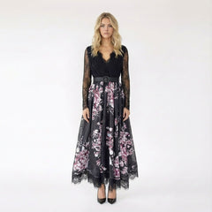 V-Neck Floral Print Maxi Dress with Lace Trim and Belt