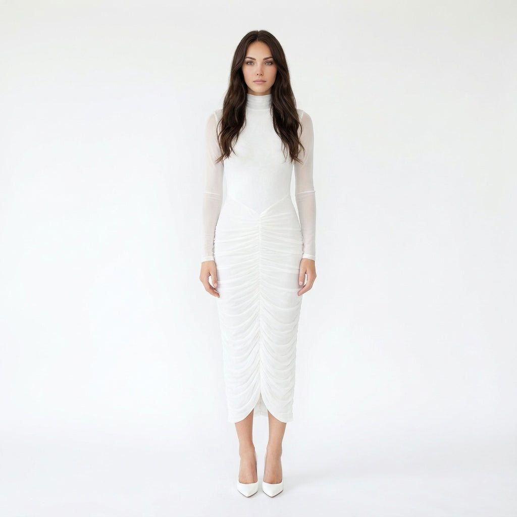 High-Neck Long-Sleeve Ruched Midi Dress