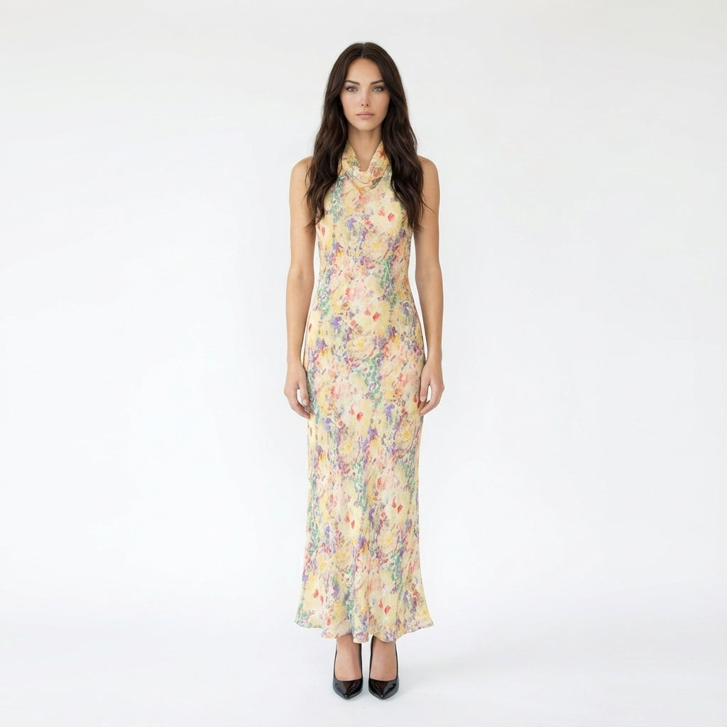 Halter-Neck Floral Print Maxi Dress