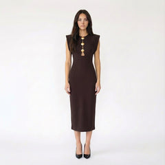 Cap-Sleeve Cut-Out Midi Dress with Shell Button Details