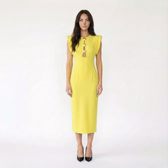 Cap-Sleeve Cut-Out Midi Dress with Shell Button Details