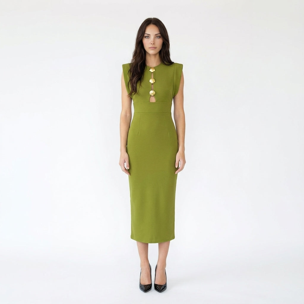 Cap-Sleeve Cut-Out Midi Dress with Shell Button Details