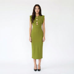 Cap-Sleeve Cut-Out Midi Dress with Shell Button Details