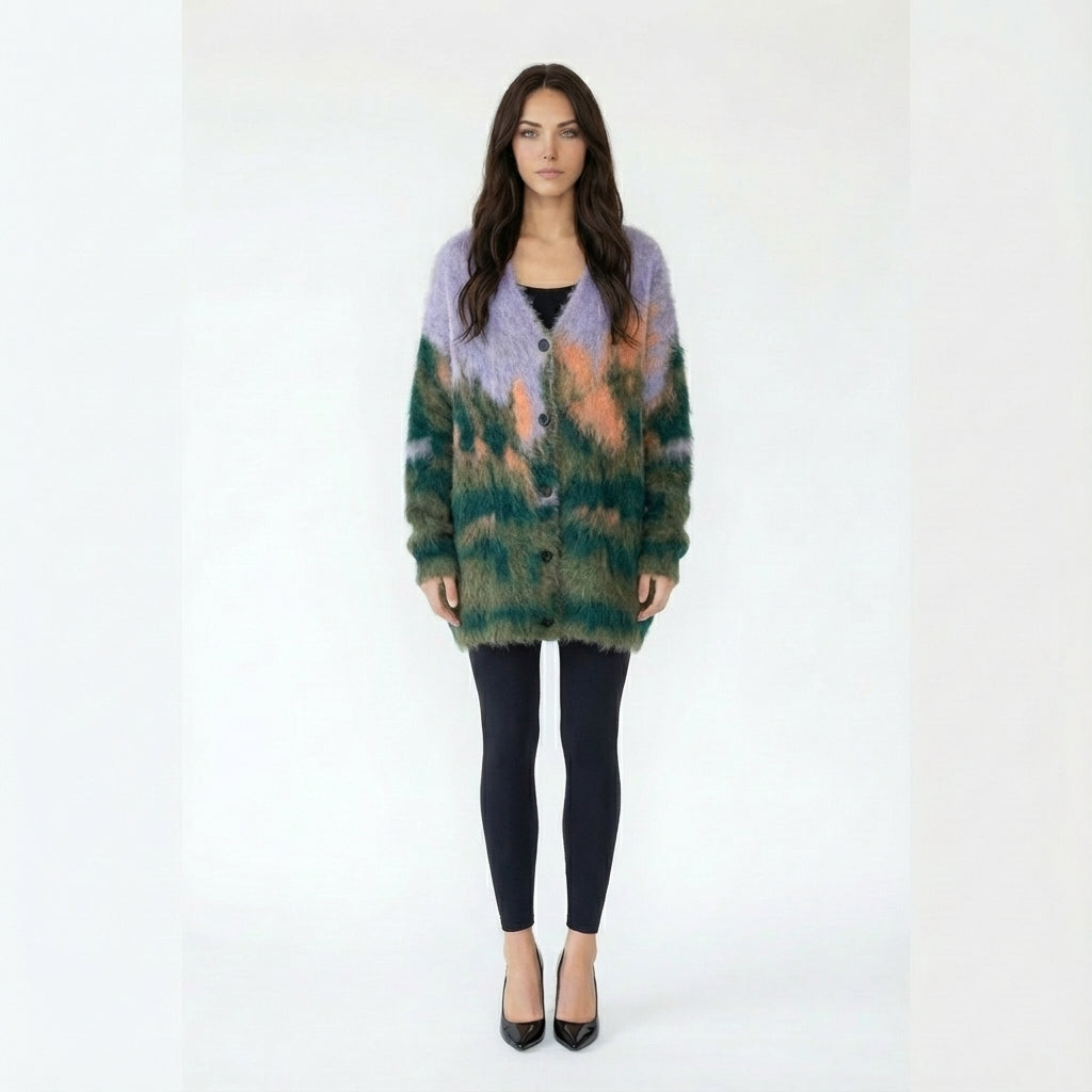 V-Neck Abstract Landscape Mohair Cardigan