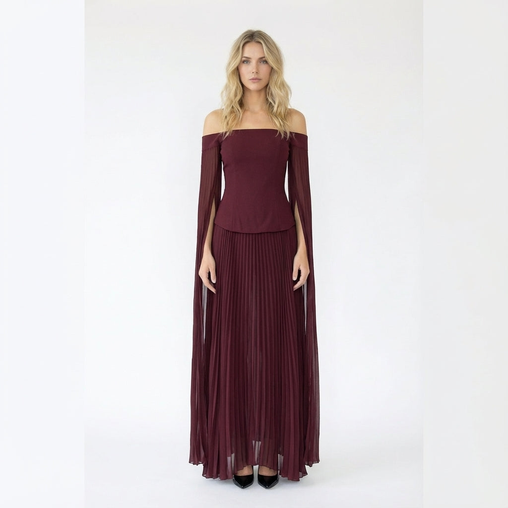 Off-the-Shoulder Long-Sleeve Pleated Maxi Dress