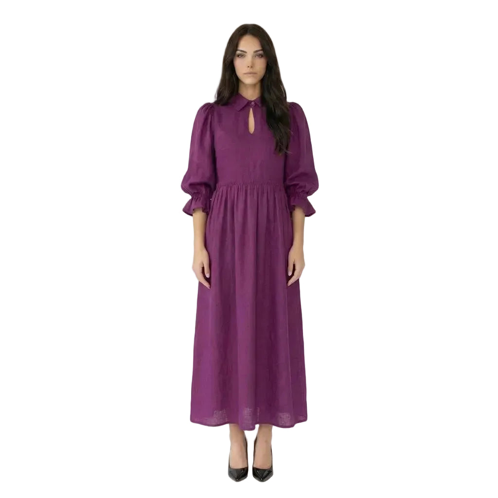 Puff-Sleeve Collared Midi Dress with Keyhole Detail