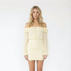 Off-the-Shoulder Ruched Long-Sleeve Mini Dress