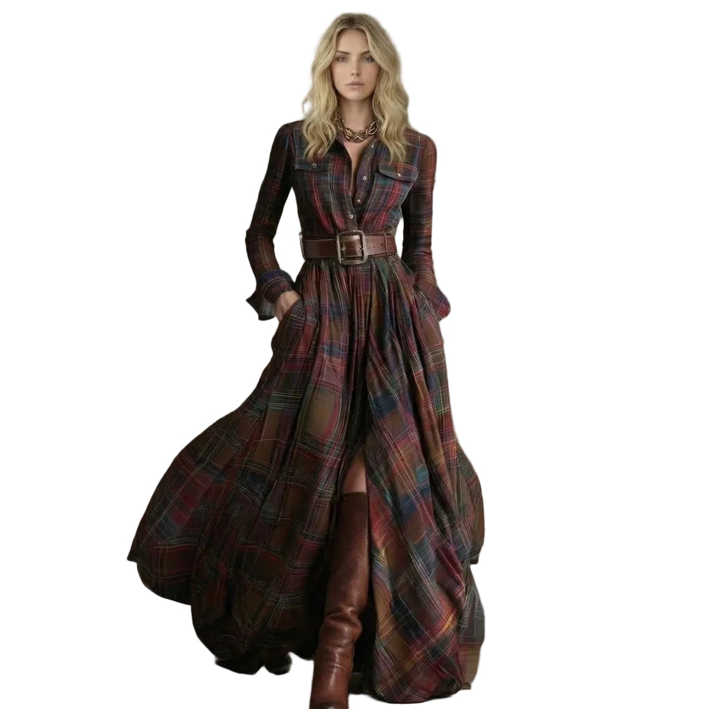 Long-Sleeve Plaid Maxi Shirt Dress with Belt