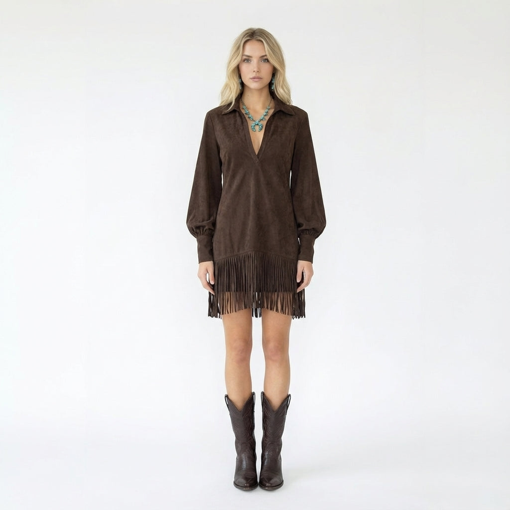 V-Neck Long-Sleeve Mini Dress with Fringe Trim