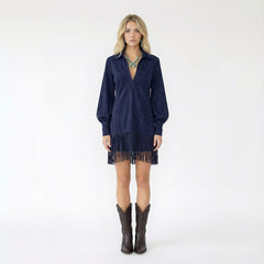 V-Neck Long-Sleeve Mini Dress with Fringe Trim