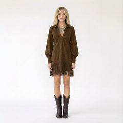 V-Neck Long-Sleeve Mini Dress with Fringe Trim