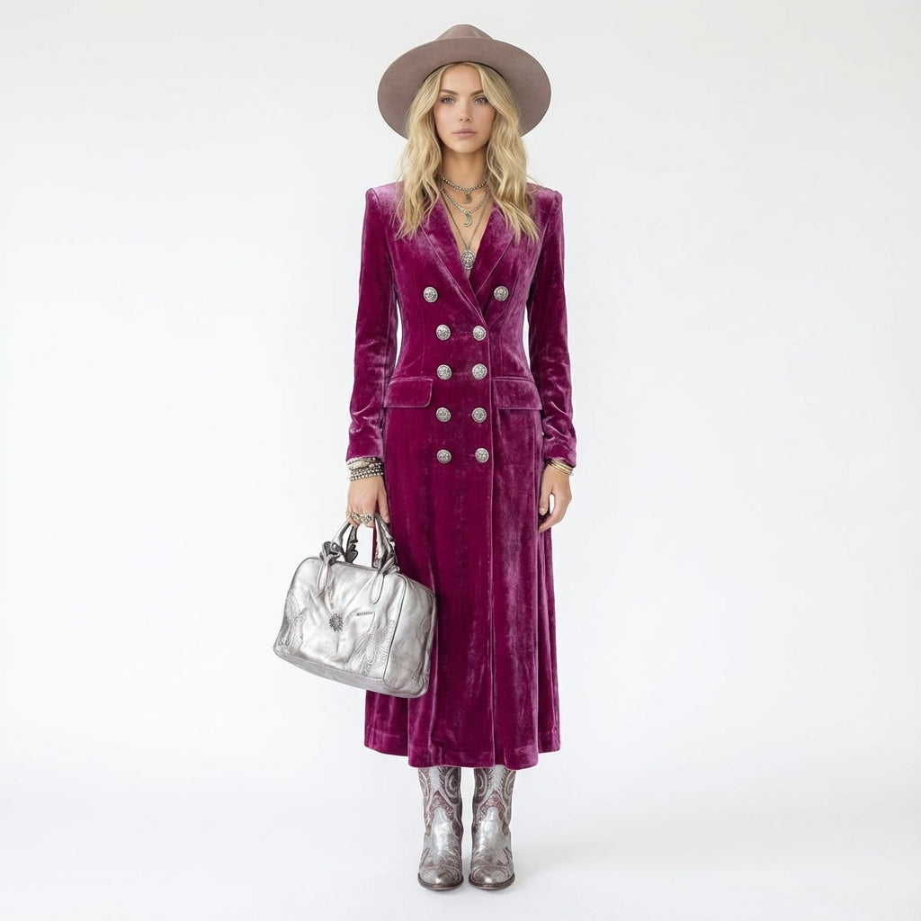 Double-Breasted Velvet Maxi Coat Dress with Silver Hardware