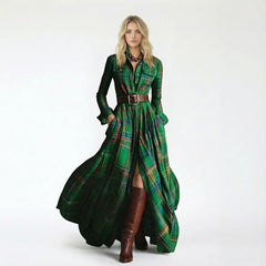 Long-Sleeve Plaid Maxi Shirt Dress with Belt