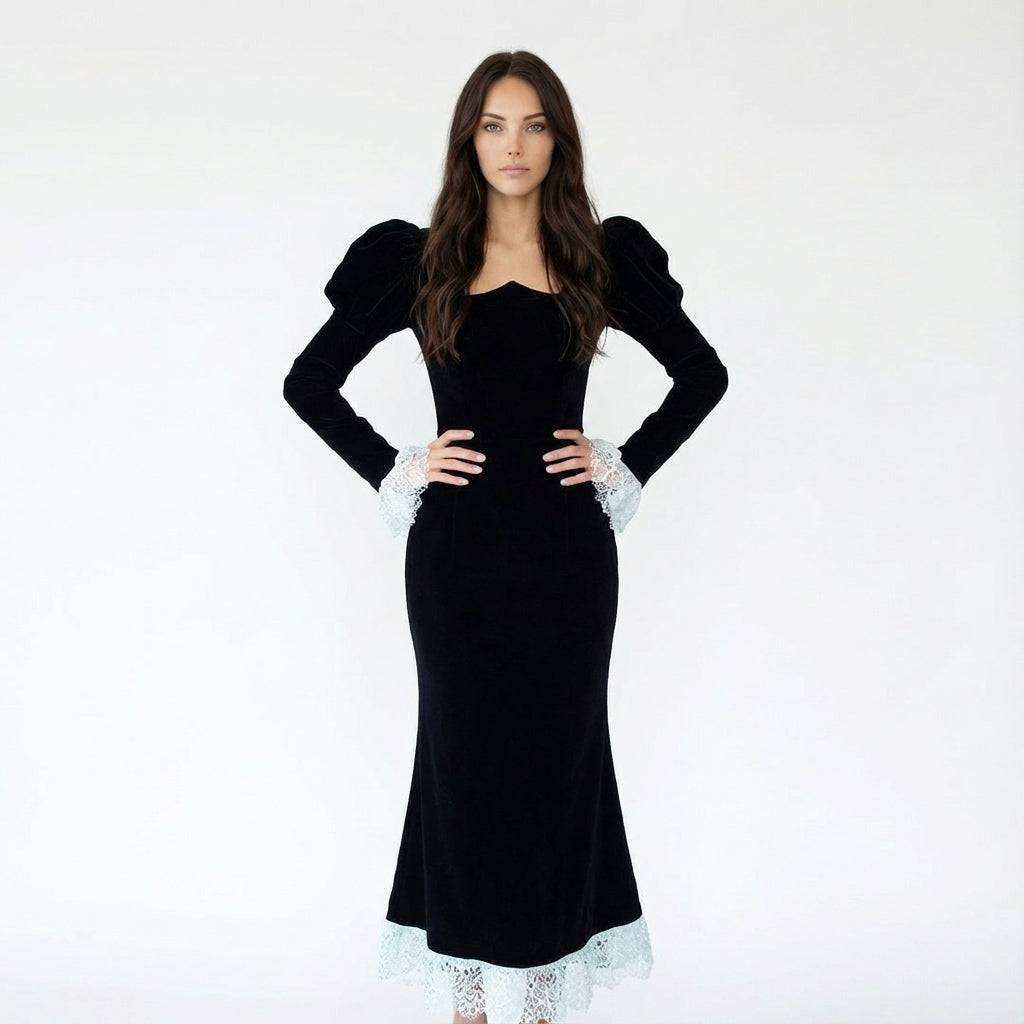 Sweetheart-Neck Velvet Maxi Dress with Puff Sleeves and Lace Trim
