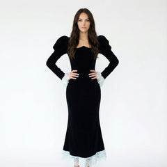 Sweetheart-Neck Velvet Maxi Dress with Puff Sleeves and Lace Trim