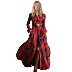Long-Sleeve Plaid Maxi Shirt Dress with Belt