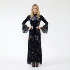 High-Neck Floral Velvet Maxi Dress with Lace Bell Sleeves