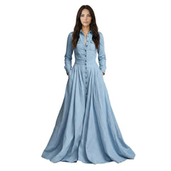 Button-Down Long Sleeve Maxi Shirt Dress with Pockets