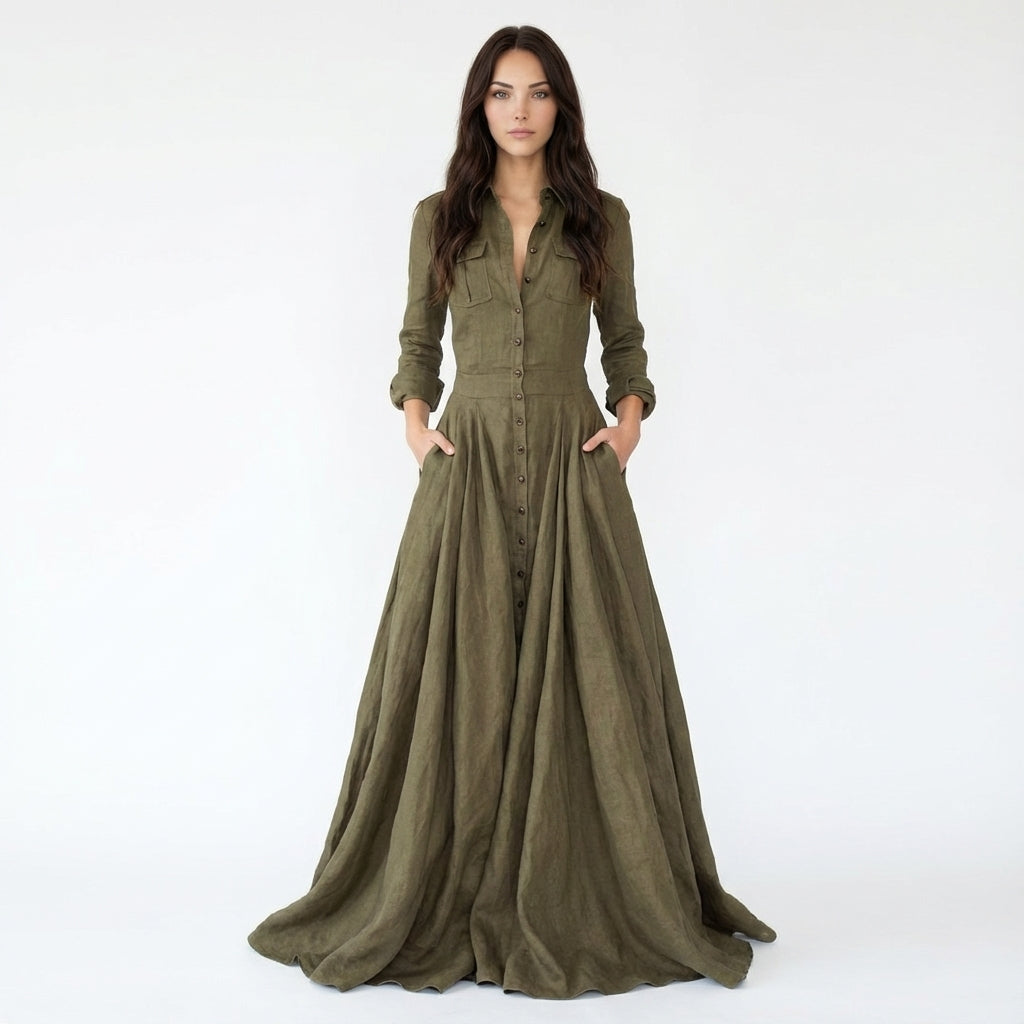 Button-Down Long Sleeve Maxi Shirt Dress with Pockets