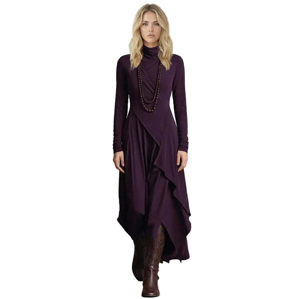 Draped Turtleneck Long Sleeve Maxi Dress with Pockets