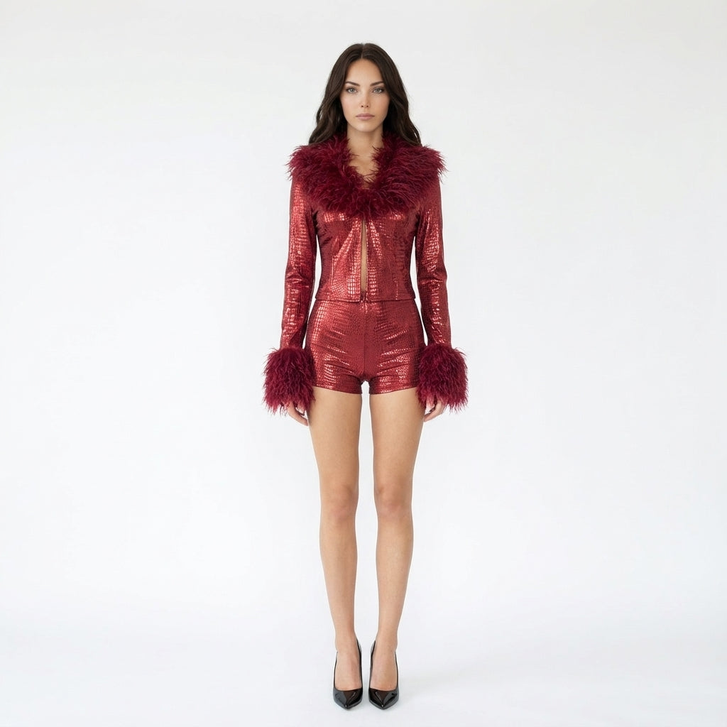 Metallic Crocodile Print Two-Piece Set with Faux Fur Trim