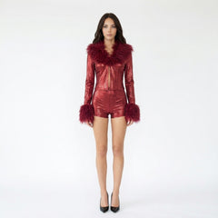 Metallic Crocodile Print Two-Piece Set with Faux Fur Trim