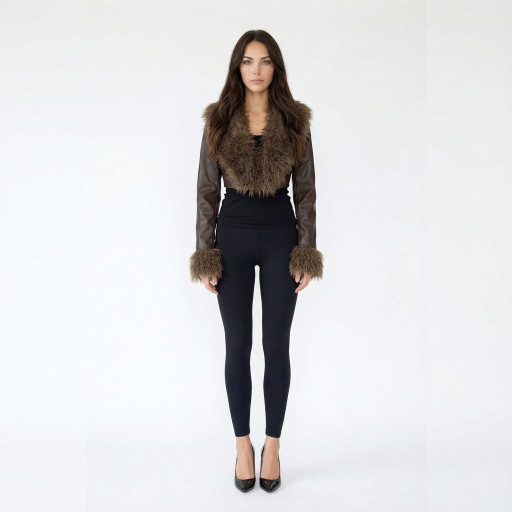 Cropped Faux Leather Jacket with Shaggy Faux Fur Trim