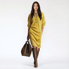 Long-Sleeve Ribbed Knit Henley Midi Dress