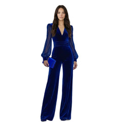 V-Neck Long-Sleeve Velvet Jumpsuit with Sheer Bishop Sleeves
