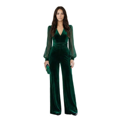 V-Neck Long-Sleeve Velvet Jumpsuit with Sheer Bishop Sleeves