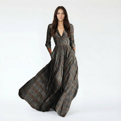 Plaid V-Neck Button-Up Maxi Dress with Pockets