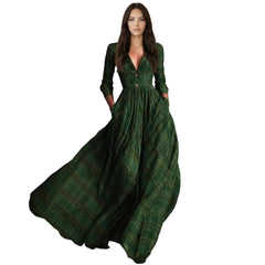 Plaid V-Neck Button-Up Maxi Dress with Pockets