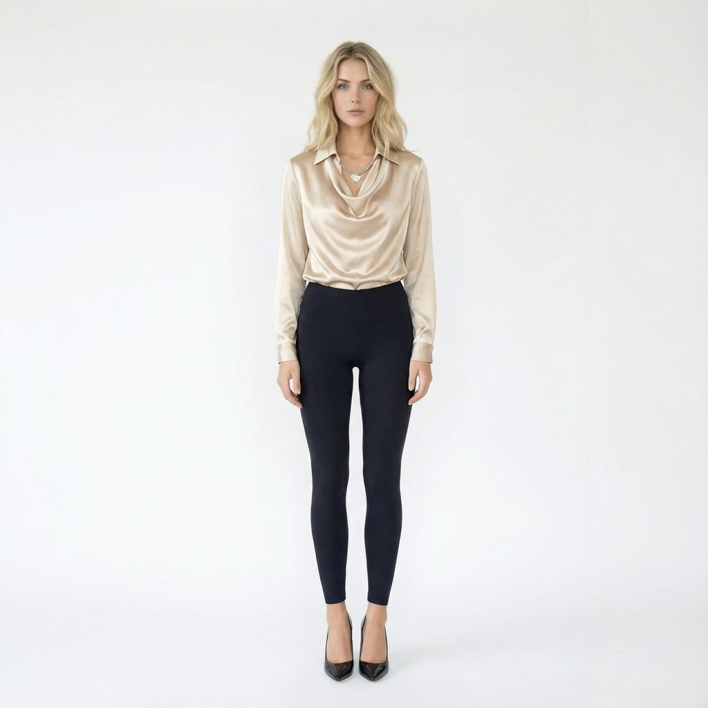 Elegant Satin Long Sleeve Blouse with Cowl Neckline