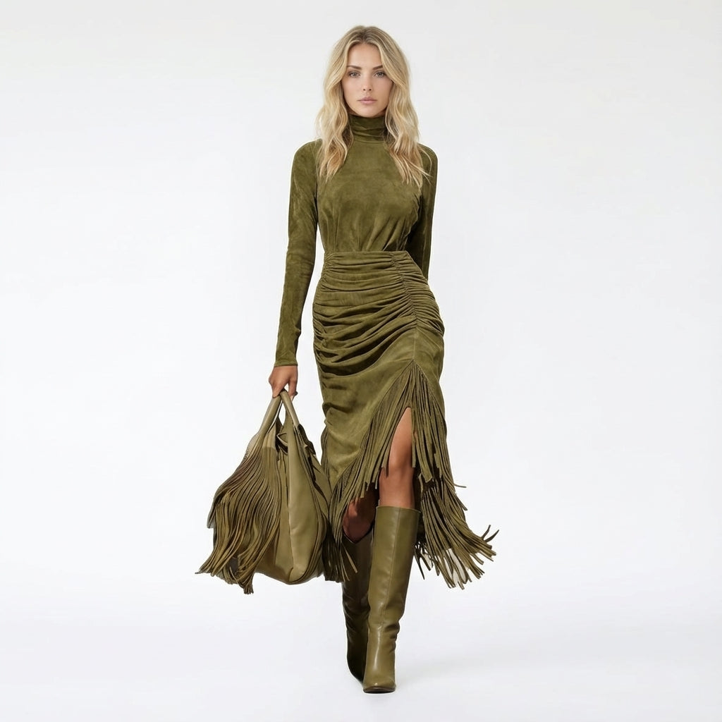 Ruched Faux Suede Maxi Skirt with Fringe Trim Detail