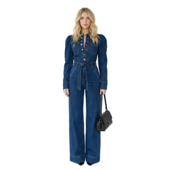 Puff Sleeve Denim Jumpsuit with Belted Waist