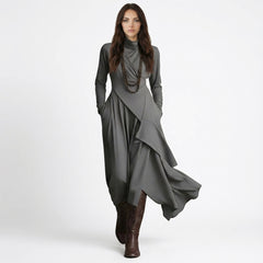 Draped Turtleneck Long Sleeve Maxi Dress with Pockets