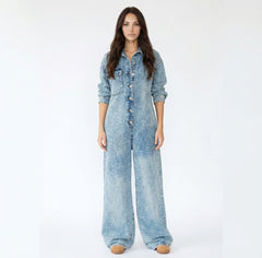 Button-Down Long Sleeve Acid Wash Denim Jumpsuit