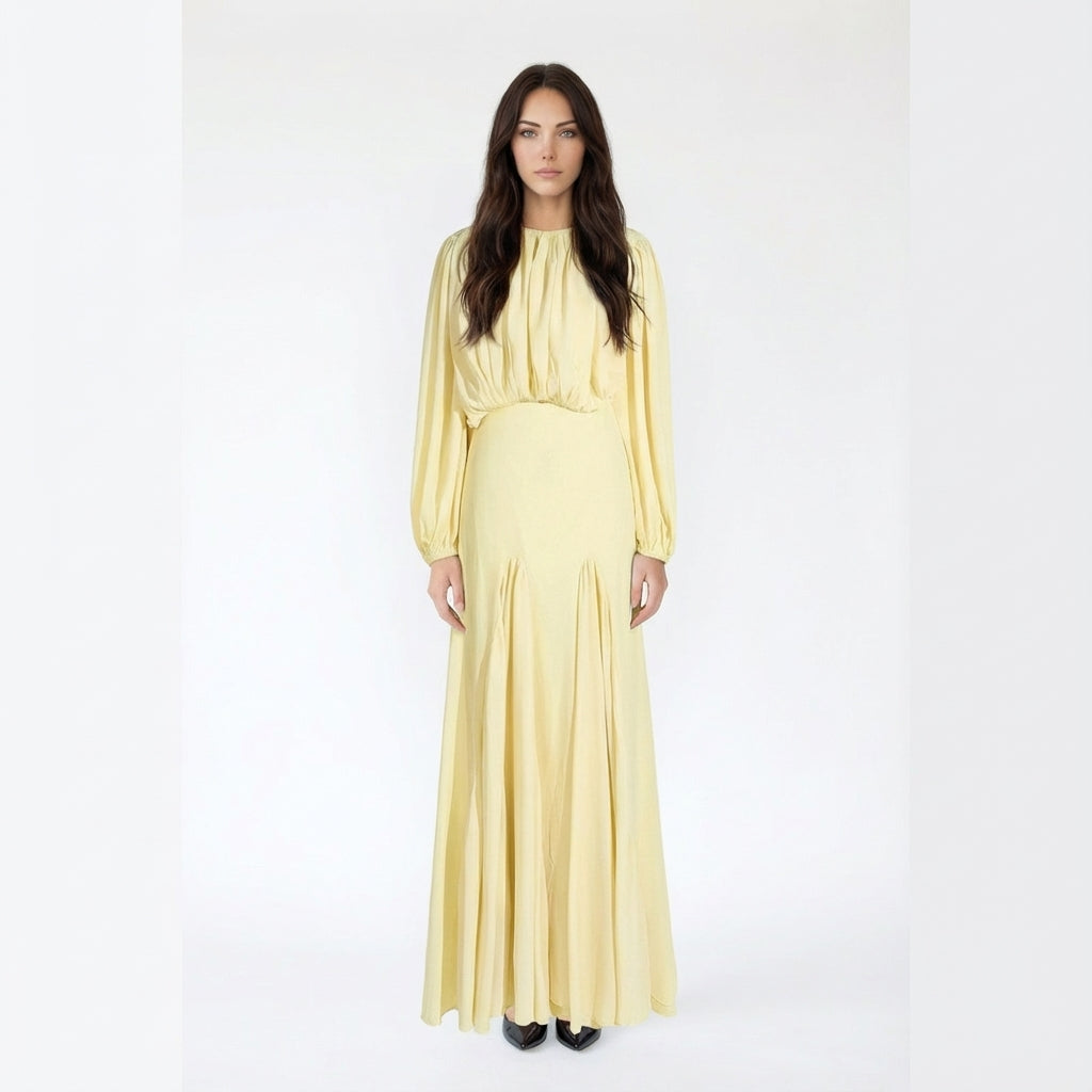 Bohemian Long-Sleeve Pleated Maxi Dress