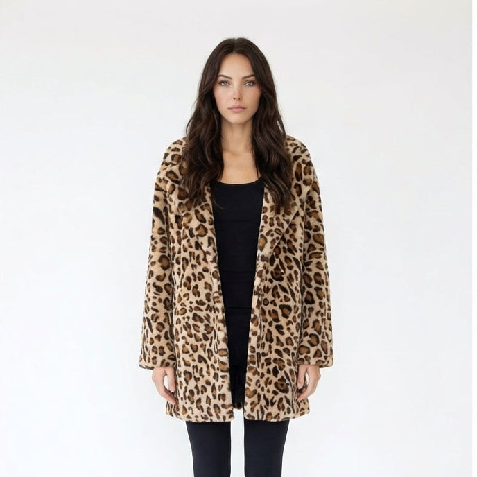 Leopard Print Faux Fur Notch Lapel Coat