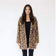 Leopard Print Faux Fur Notch Lapel Coat