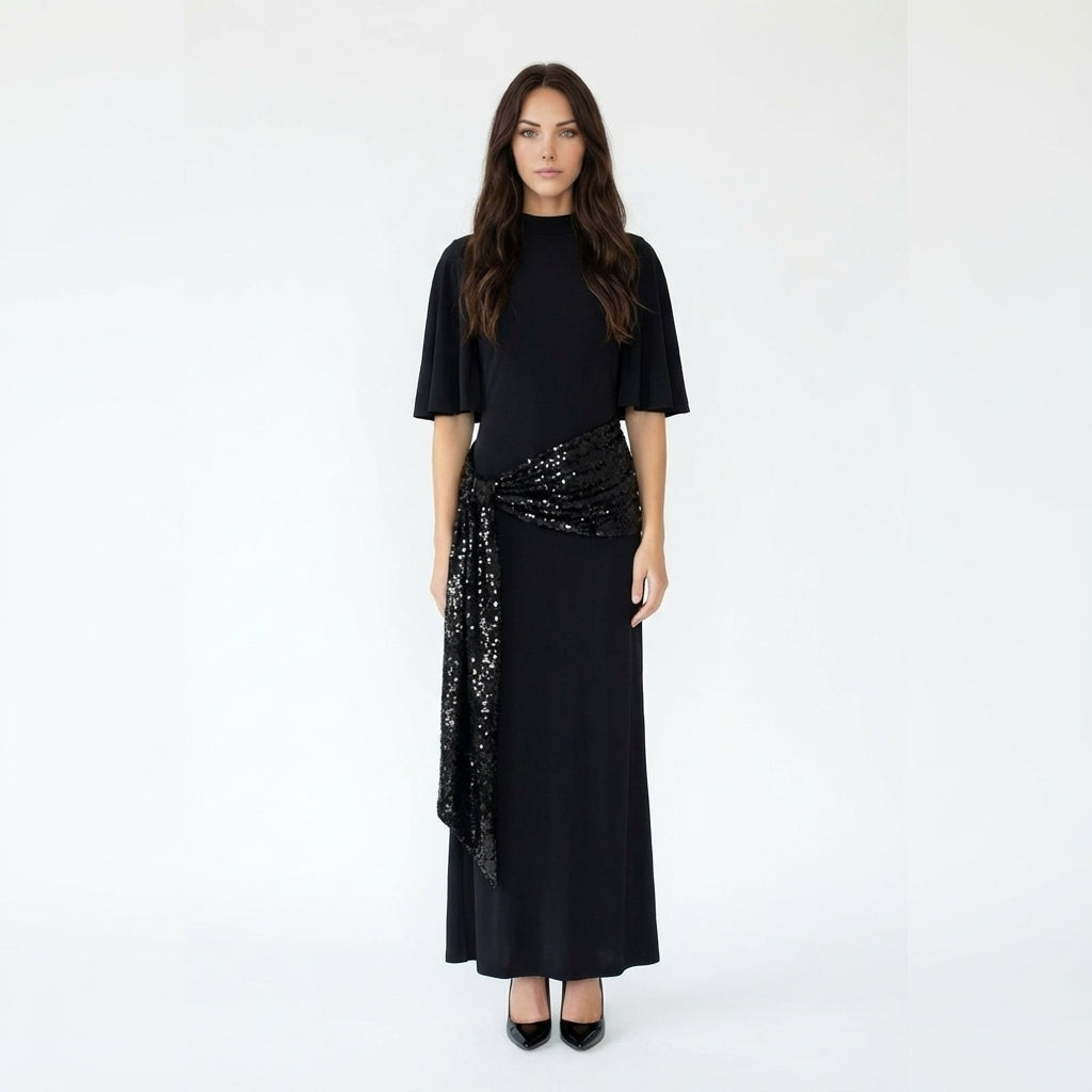 Sequined Waist Drape Maxi Dress