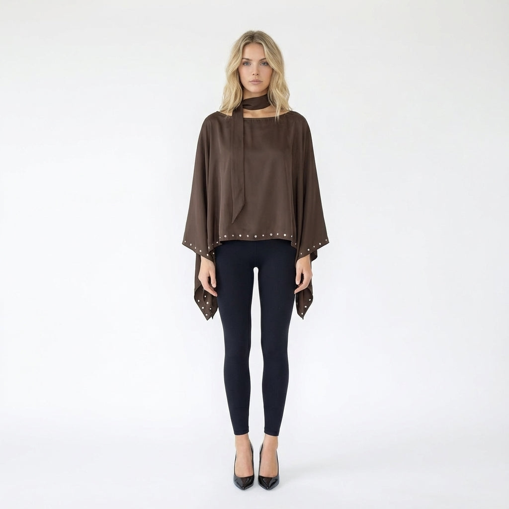 Asymmetric Rhinestone-Trimmed Scarf Neck Poncho