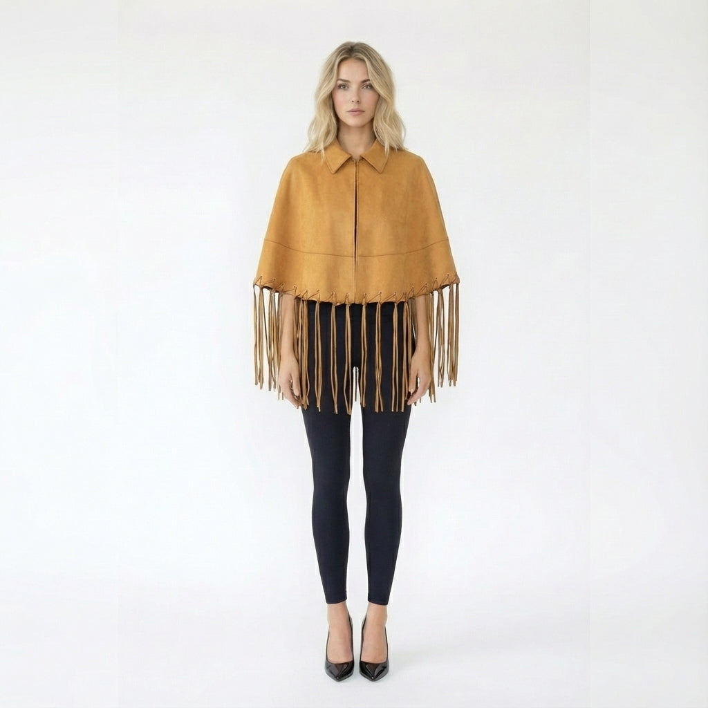 Suede-Look Fringe Hem Cape Jacket