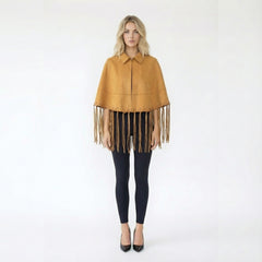 Suede-Look Fringe Hem Cape Jacket