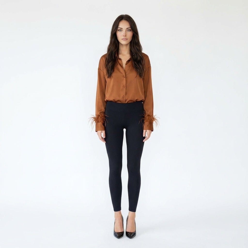 Feather-Trimmed Satin Button-Down Blouse