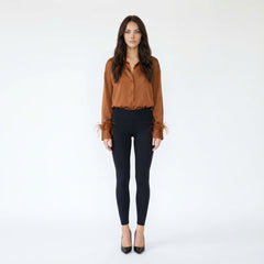 Feather-Trimmed Satin Button-Down Blouse