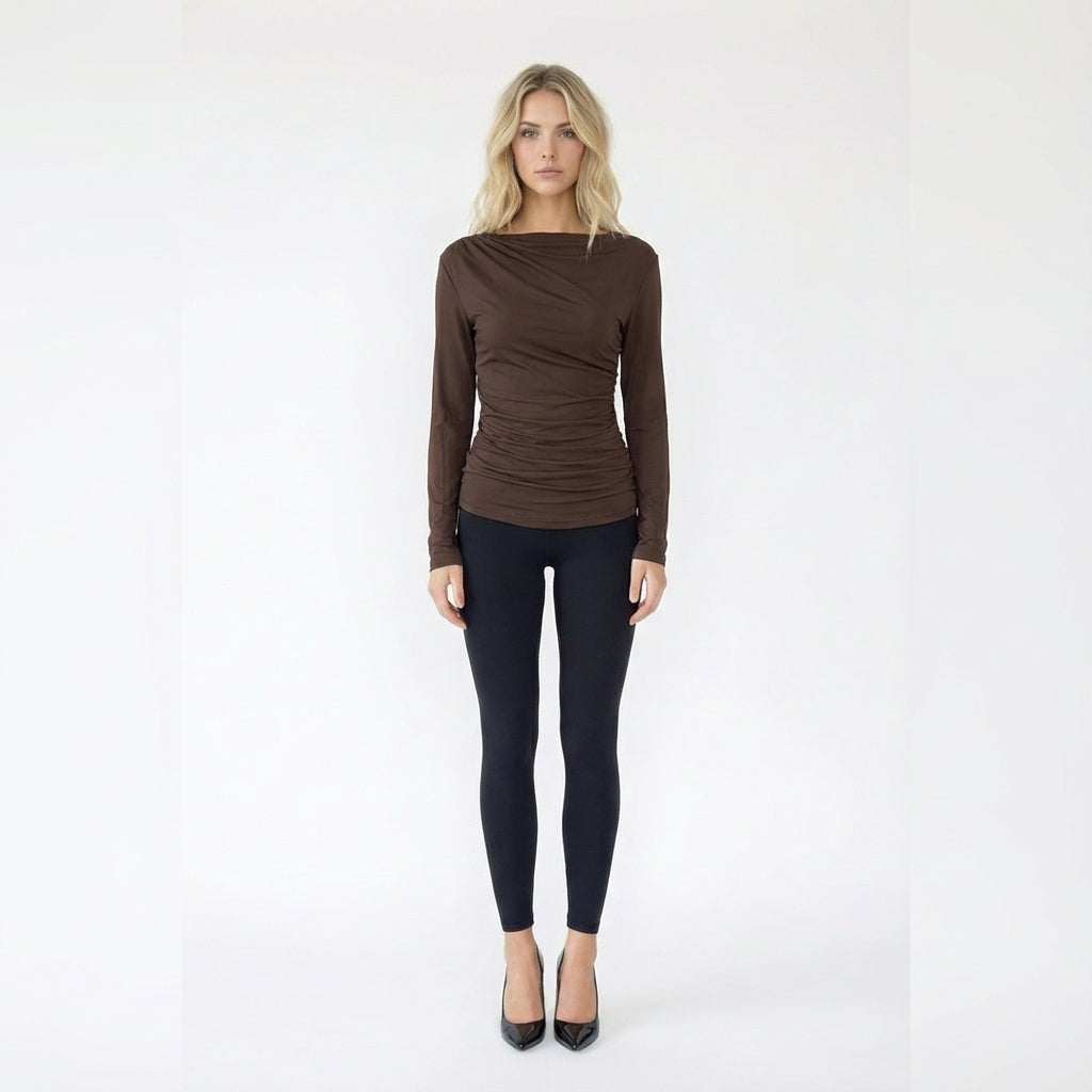 Ruched Long Sleeve Draped Boat Neck Top