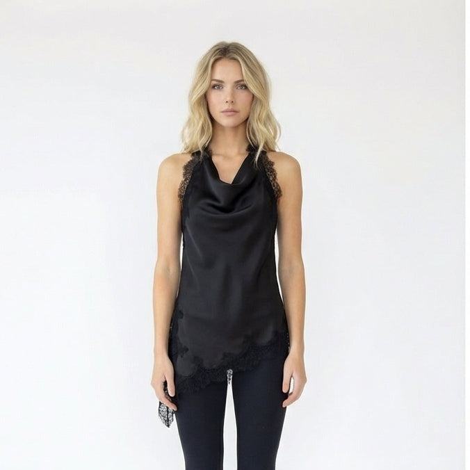 Black Satin Lace-Trim Asymmetric Halter Top