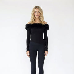 One Shoulder Faux Fur Trim Asymmetric Ribbed Top